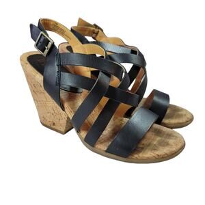 Korky's Kork Ease black leather strappy cork heeled sandals sz 7